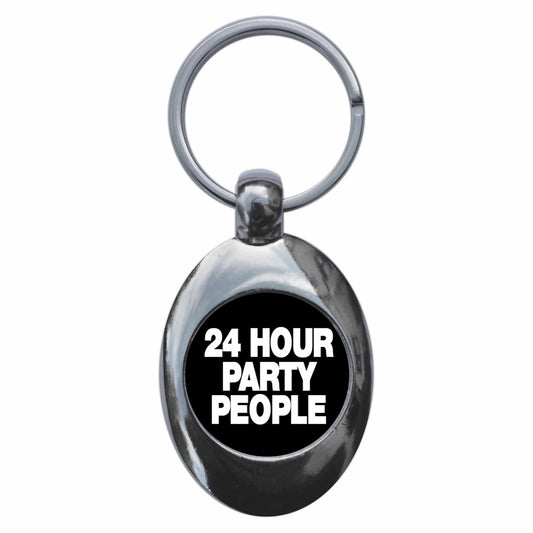 A picture of the front of the product, titled 24 Hour Pary People Metal Keyring With Trolley Coin