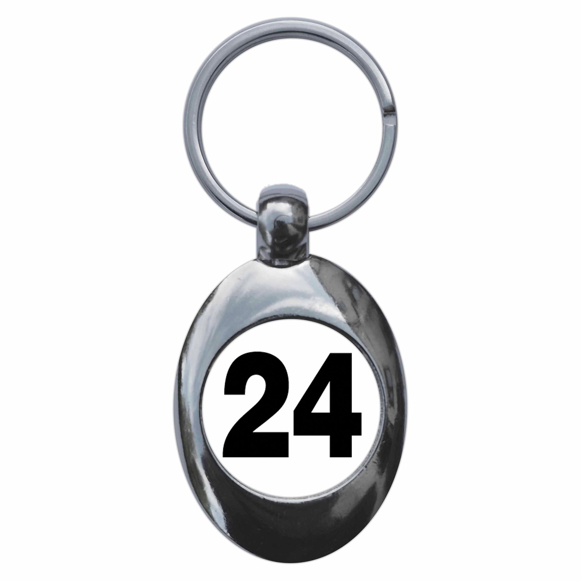 A picture of the front of the product, titled Plain Number 24 Twenty Four Metal Keyring With Trolley Coin