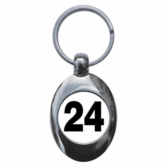 A picture of the front of the product, titled Plain Number 24 Twenty Four Metal Keyring With Trolley Coin