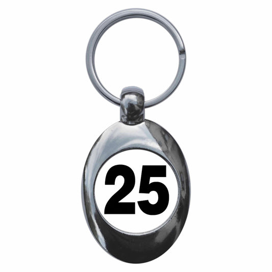 A picture of the front of the product, titled Plain Number 25 Twenty Five Metal Keyring With Trolley Coin