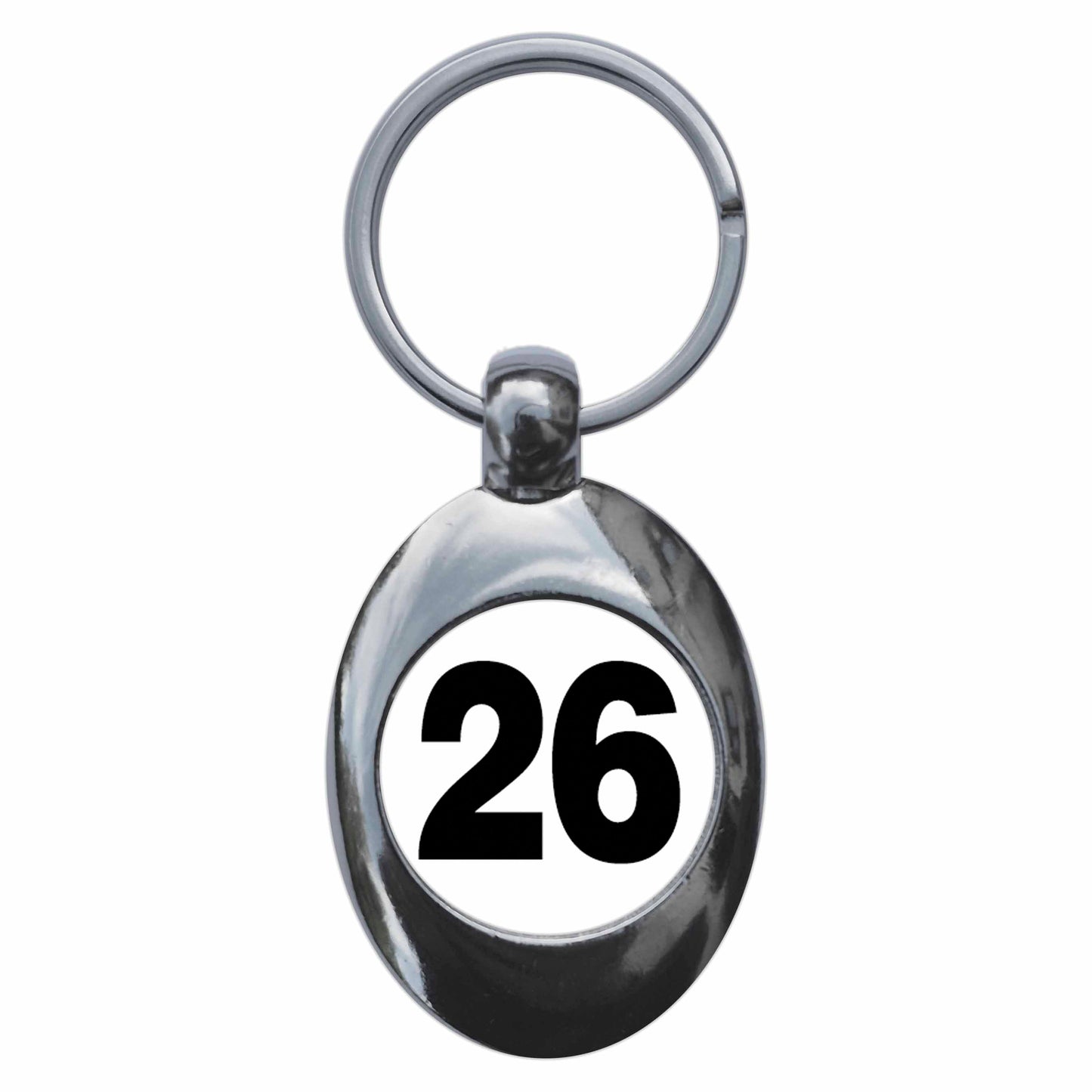 A picture of the front of the product, titled Plain Number 26 Twenty Six Metal Keyring With Trolley Coin