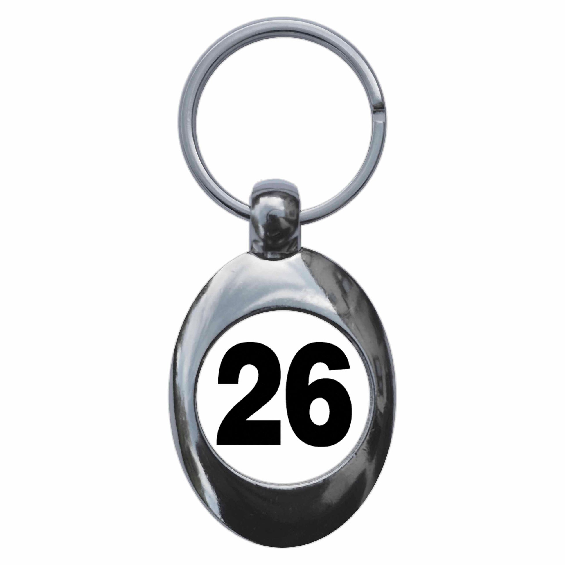 A picture of the front of the product, titled Plain Number 26 Twenty Six Metal Keyring With Trolley Coin