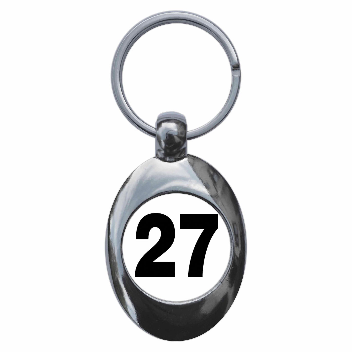A picture of the front of the product, titled Plain Number 27 Twenty Seven Metal Keyring With Trolley Coin