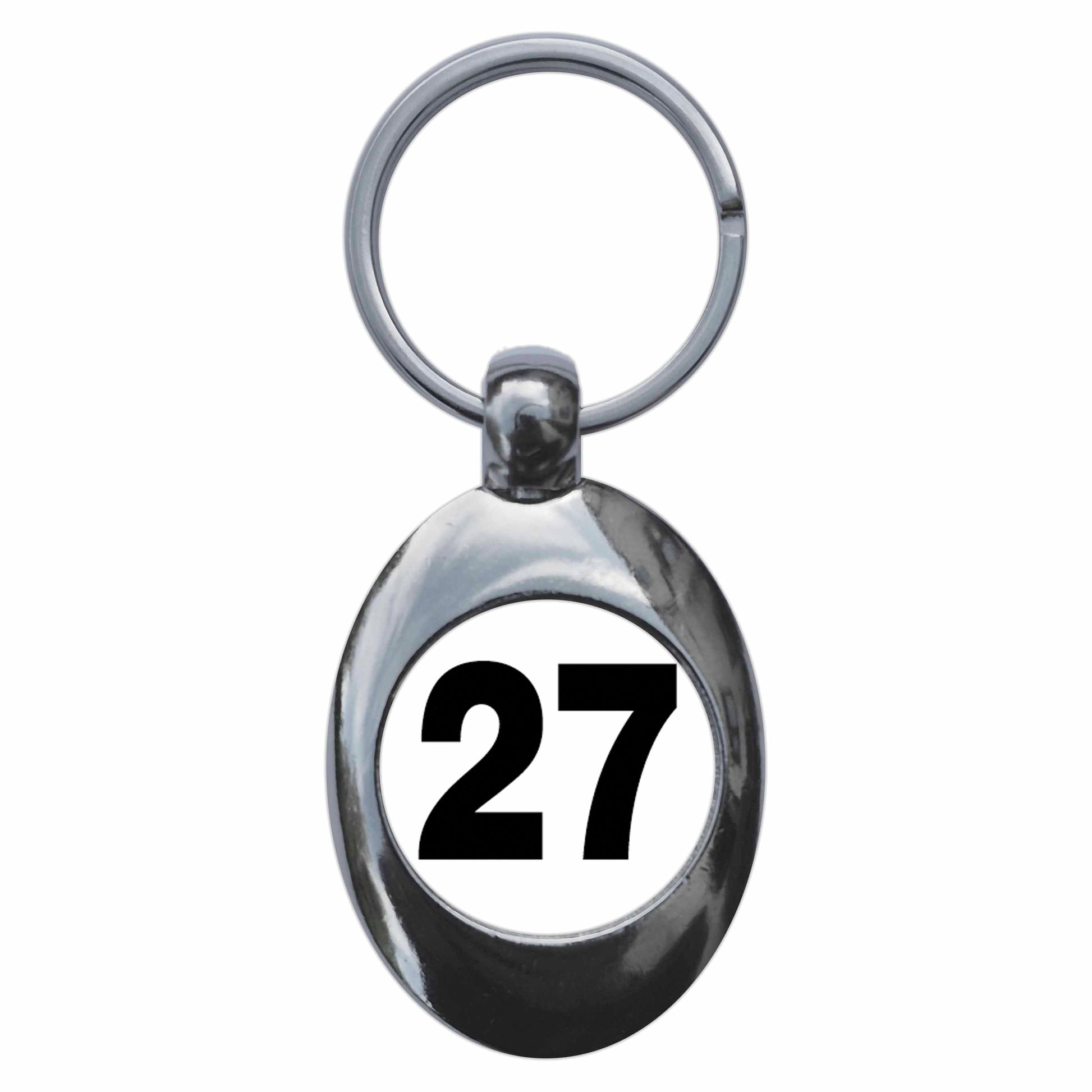 A picture of the front of the product, titled Plain Number 27 Twenty Seven Metal Keyring With Trolley Coin