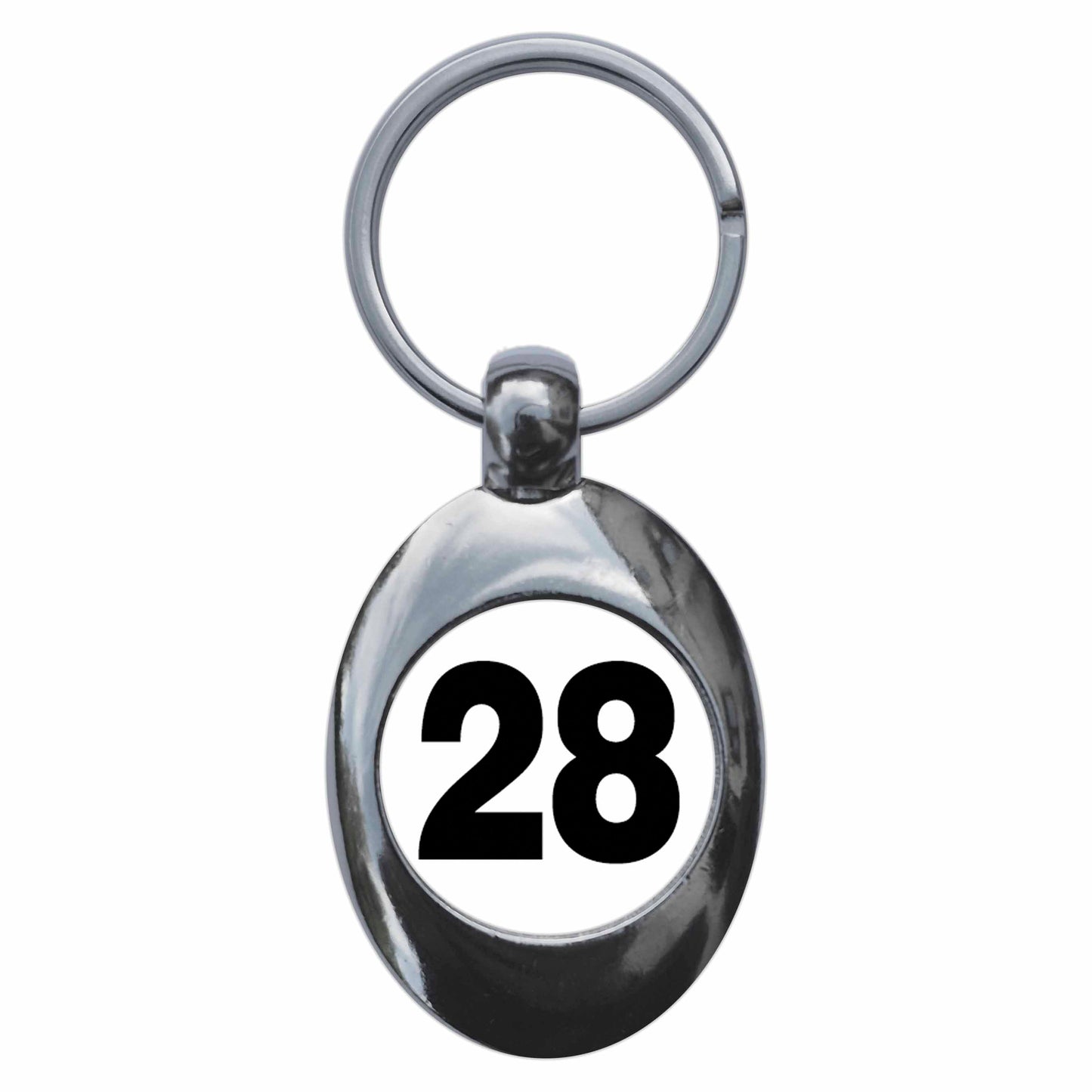 A picture of the front of the product, titled Plain Number 28 Twenty Eight Metal Keyring With Trolley Coin