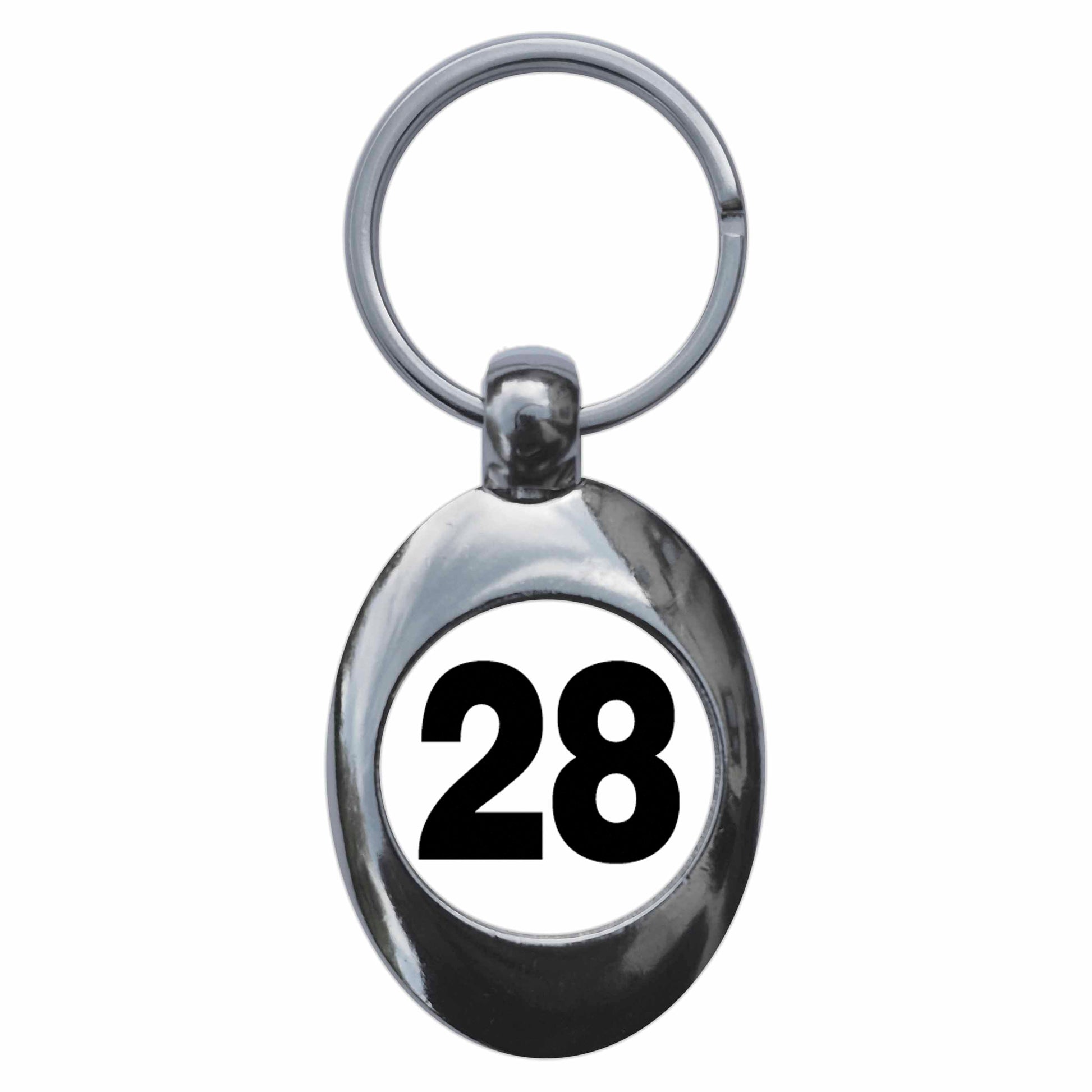 A picture of the front of the product, titled Plain Number 28 Twenty Eight Metal Keyring With Trolley Coin