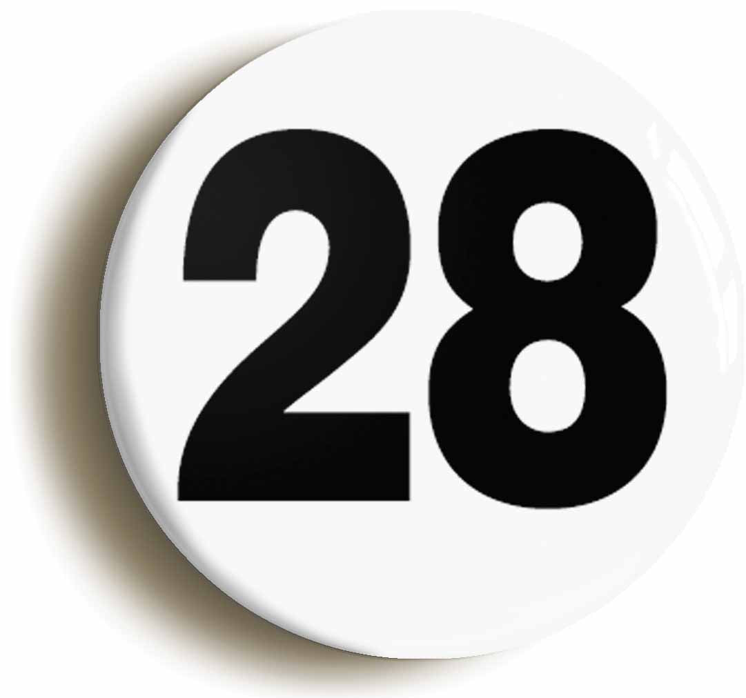 A picture of the front of the product, titled Plain Number 28 Twenty Eight Circular 50mm Fridge Magnet
