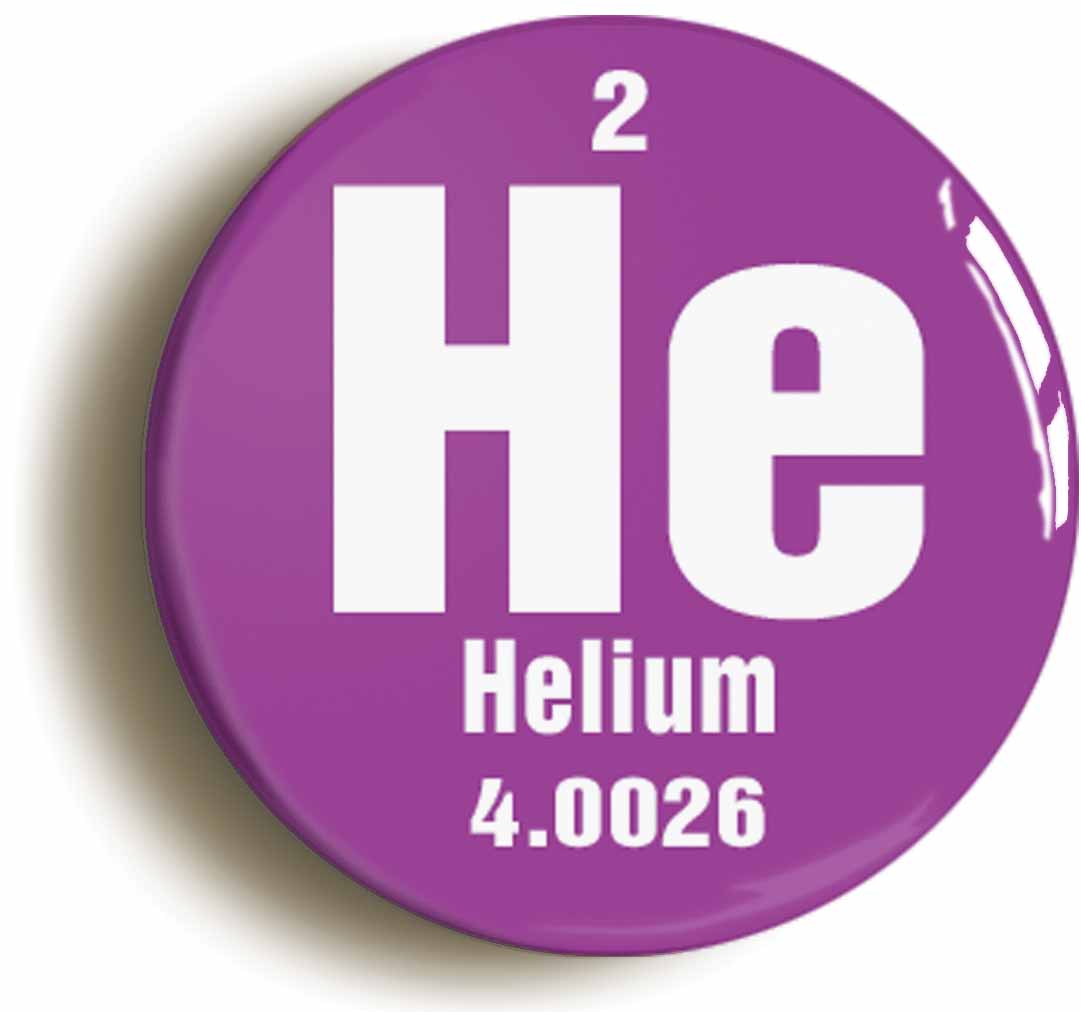 A picture of the front of the product, titled Helium Element Symbol Button Pin Badge