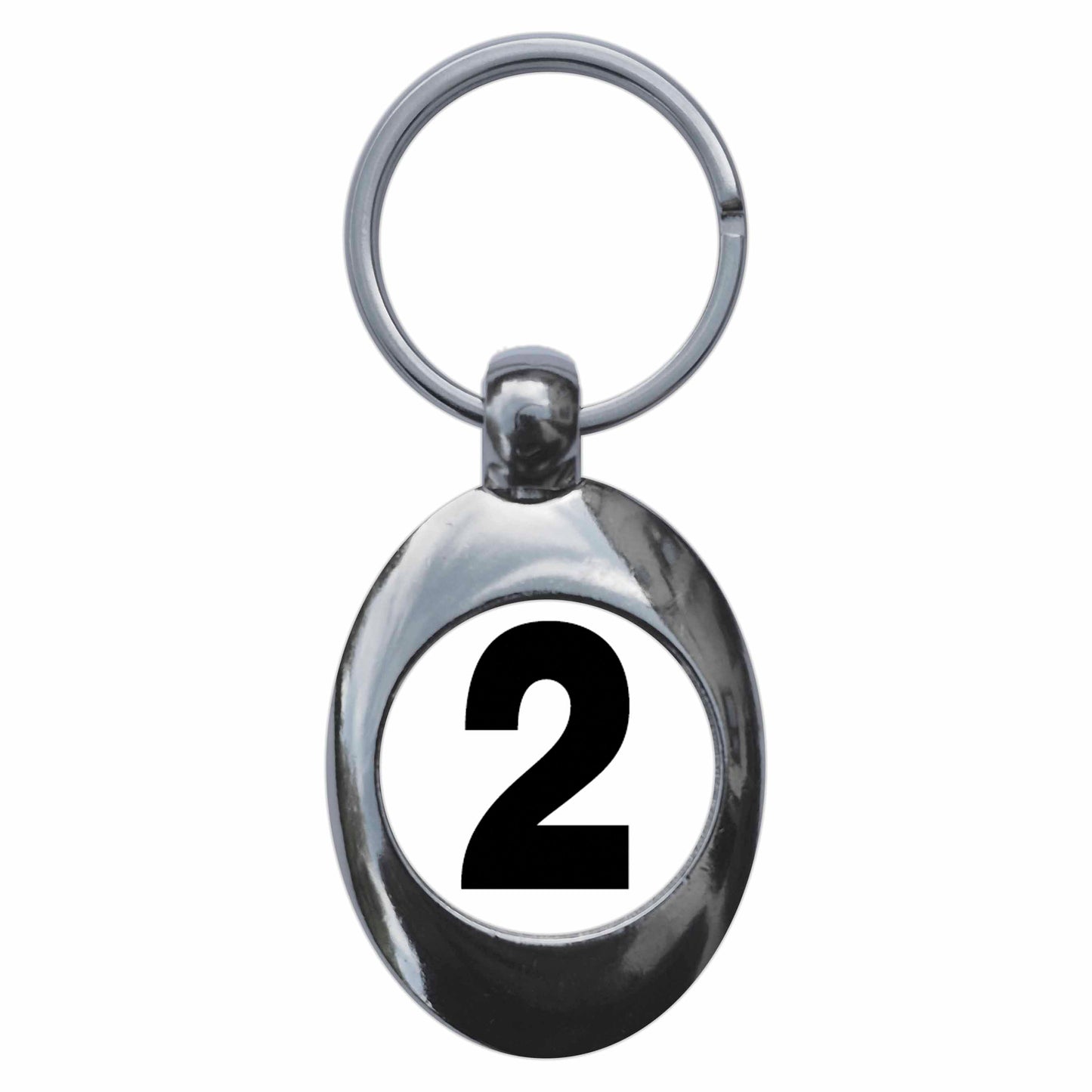 A picture of the front of the product, titled Plain Number 2 Two Metal Keyring With Trolley Coin