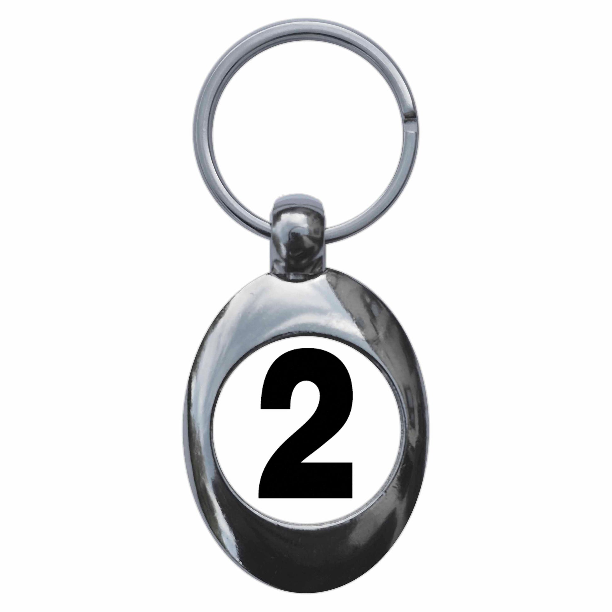 A picture of the front of the product, titled Plain Number 2 Two Metal Keyring With Trolley Coin