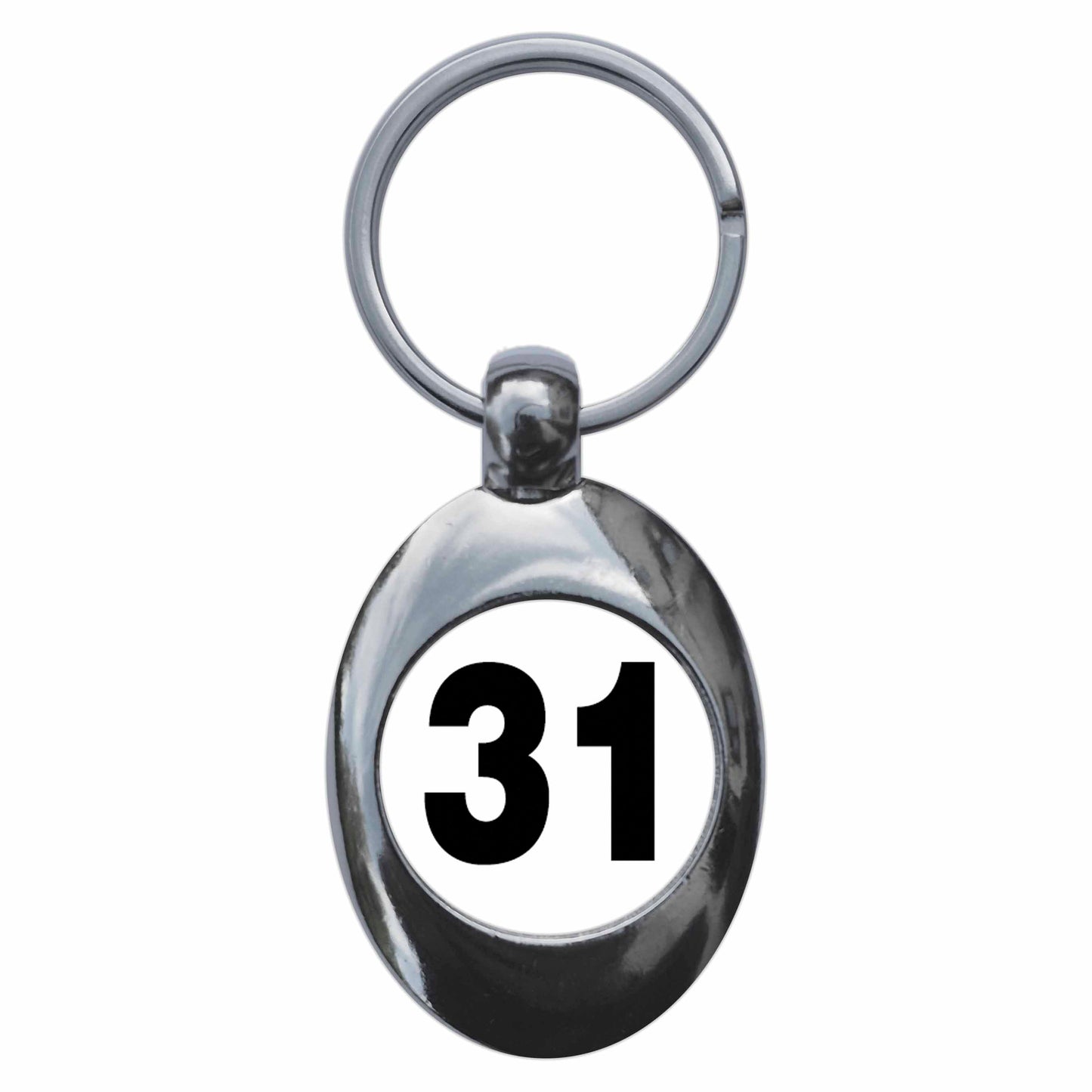 A picture of the front of the product, titled Plain Number 31 Thirty One Metal Keyring With Trolley Coin