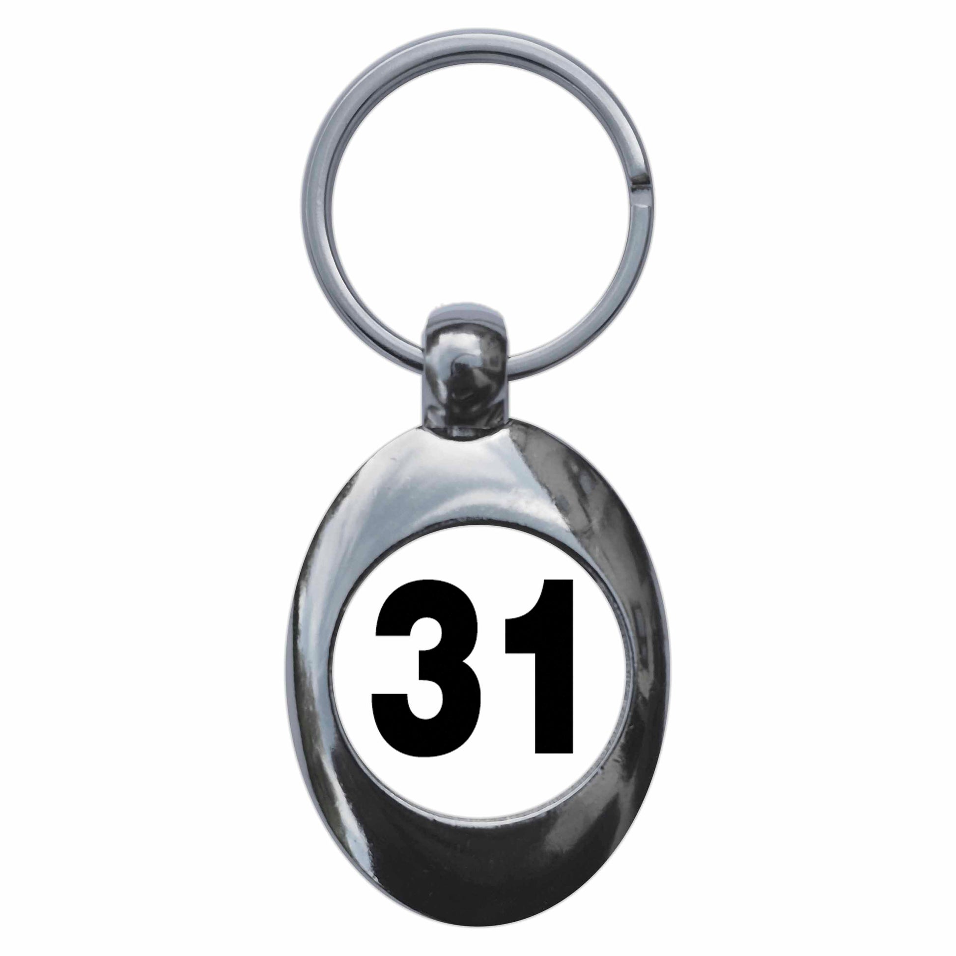 A picture of the front of the product, titled Plain Number 31 Thirty One Metal Keyring With Trolley Coin