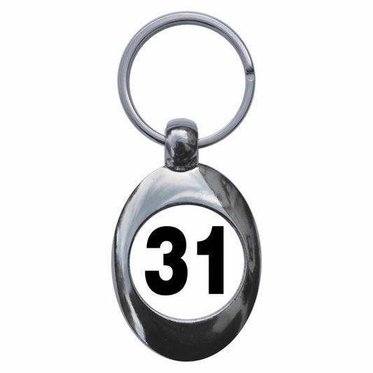 A picture of the front of the product, titled Plain Number 31 Thirty One Metal Keyring With Trolley Coin
