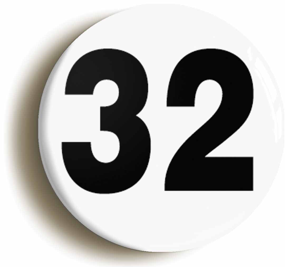 A picture of the front of the product, titled Plain Number 32 Thirty Two Button Pin Badge