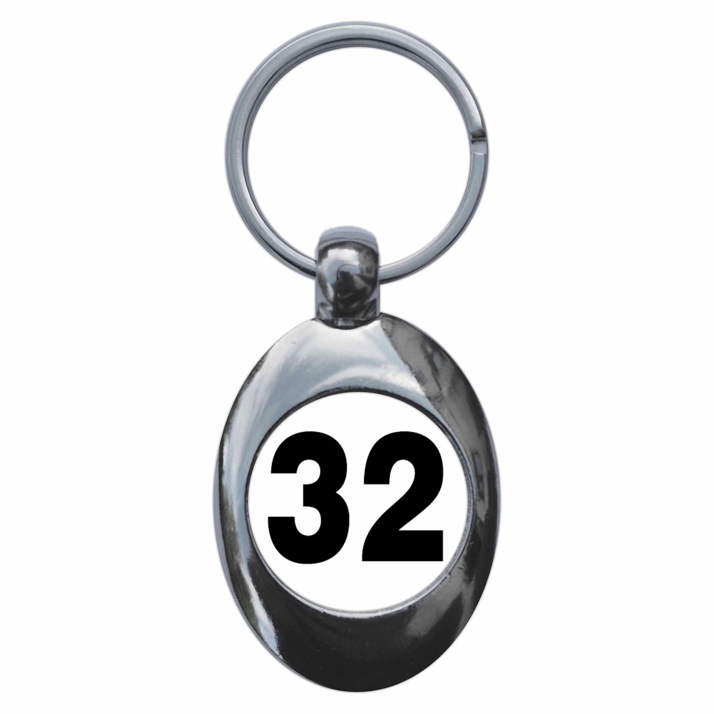 A picture of the front of the product, titled Plain Number 32 Thirty Two Metal Keyring With Trolley Coin