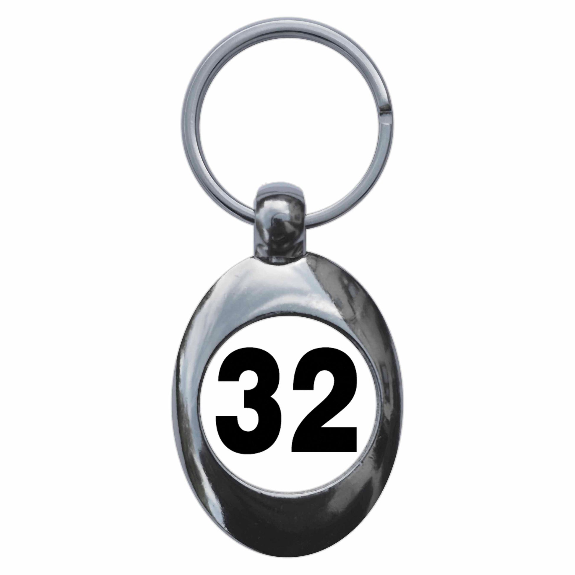 A picture of the front of the product, titled Plain Number 32 Thirty Two Metal Keyring With Trolley Coin