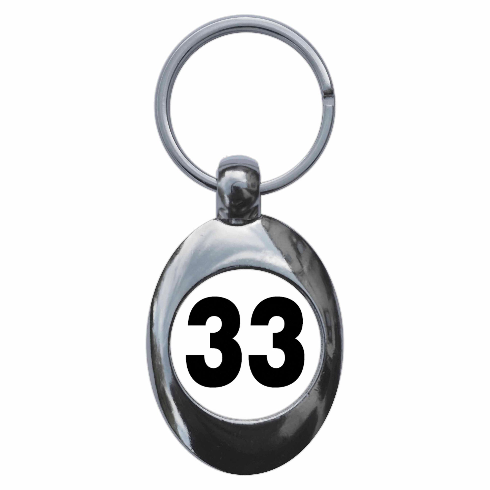 A picture of the front of the product, titled Plain Number 33 Thirty Three Metal Keyring With Trolley Coin