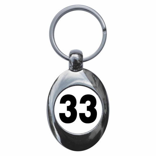 A picture of the front of the product, titled Plain Number 33 Thirty Three Metal Keyring With Trolley Coin