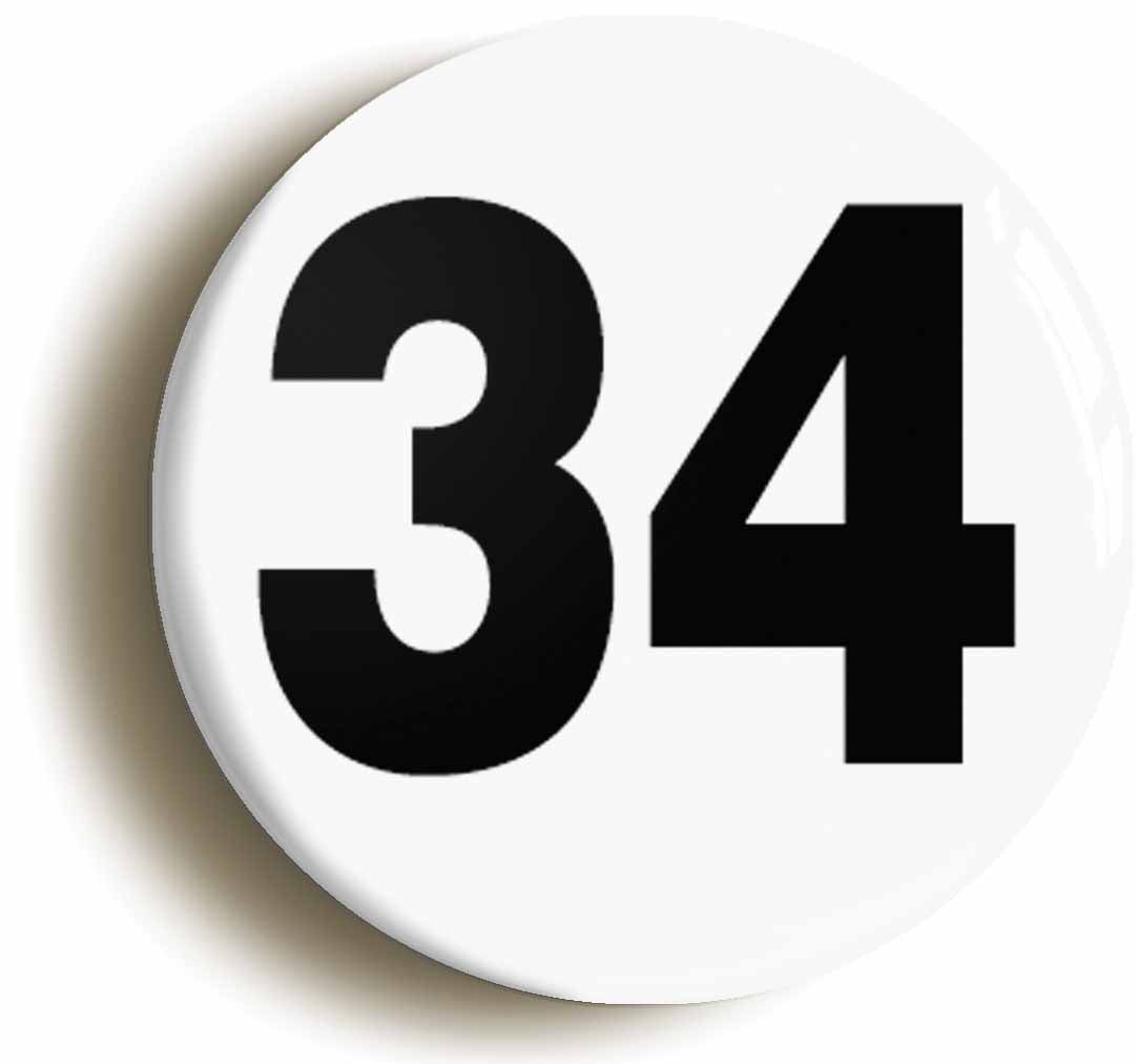 A picture of the front of the product, titled Plain Number 34 Thirty Four Button Pin Badge