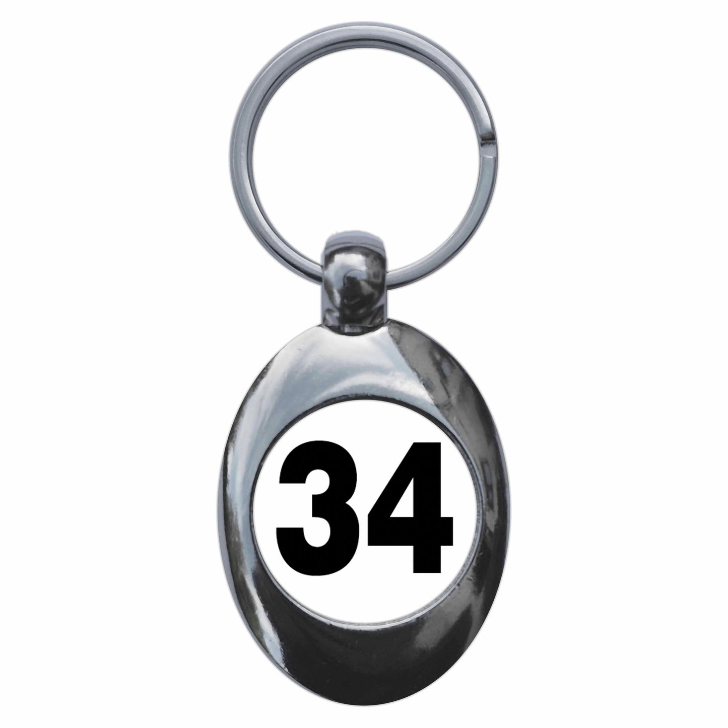 A picture of the front of the product, titled Plain Number 34 Thirty Four Metal Keyring With Trolley Coin