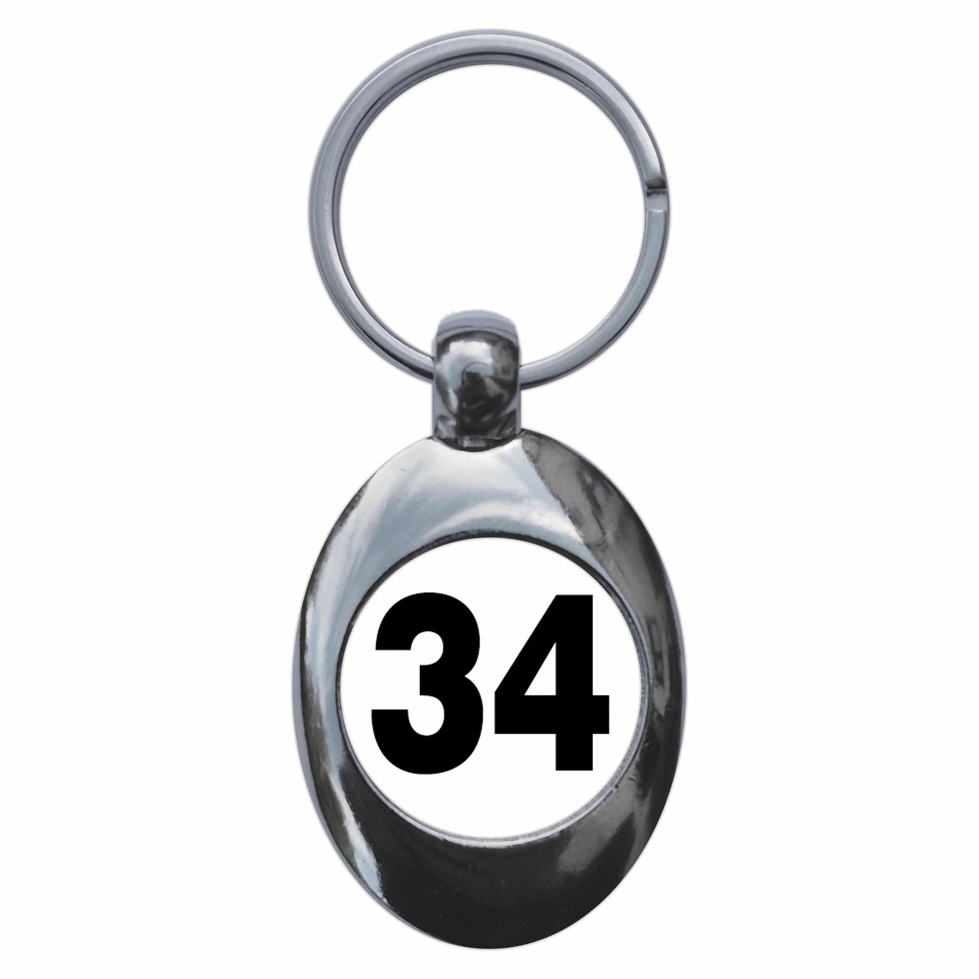 A picture of the front of the product, titled Plain Number 34 Thirty Four Metal Keyring With Trolley Coin