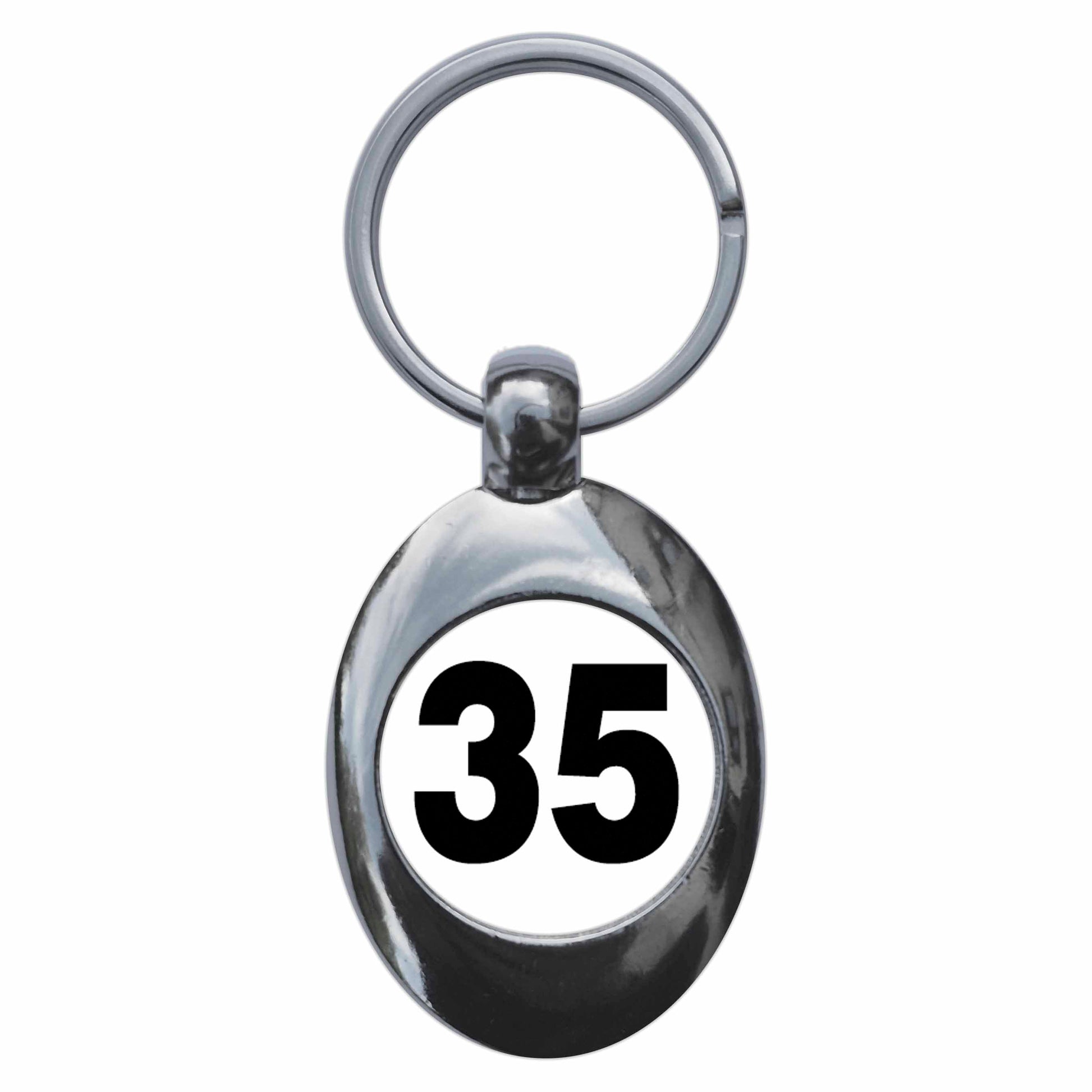 A picture of the front of the product, titled Plain Number 35 Thirty Five Metal Keyring With Trolley Coin