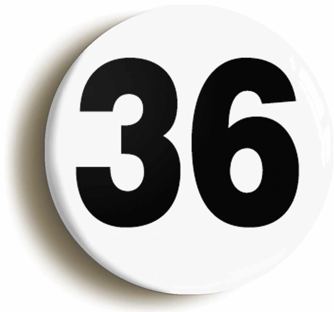 A picture of the front of the product, titled Plain Number 36 Thirty Six Button Pin Badge