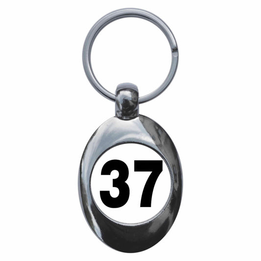 A picture of the front of the product, titled Plain Number 37 Thirty Seven Metal Keyring With Trolley Coin