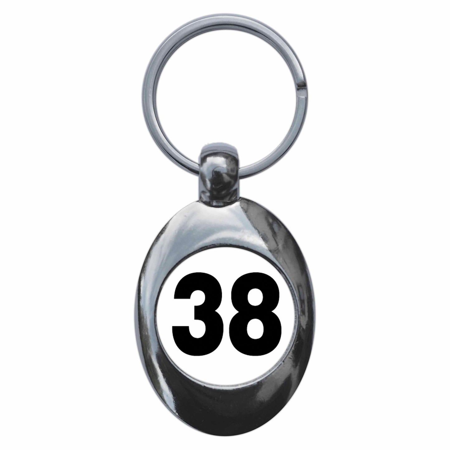 A picture of the front of the product, titled Plain Number 38 Thirty Eight Metal Keyring With Trolley Coin