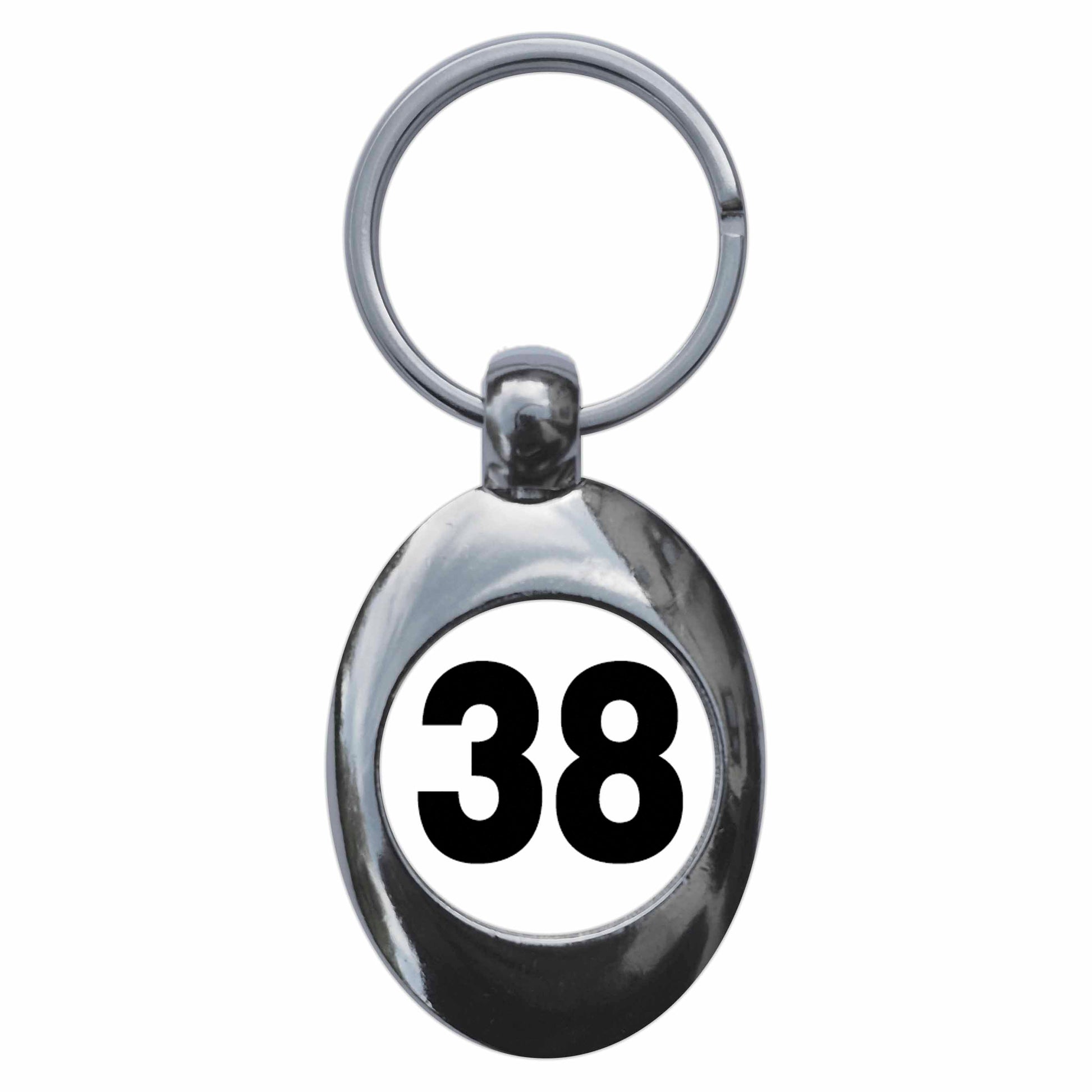 A picture of the front of the product, titled Plain Number 38 Thirty Eight Metal Keyring With Trolley Coin