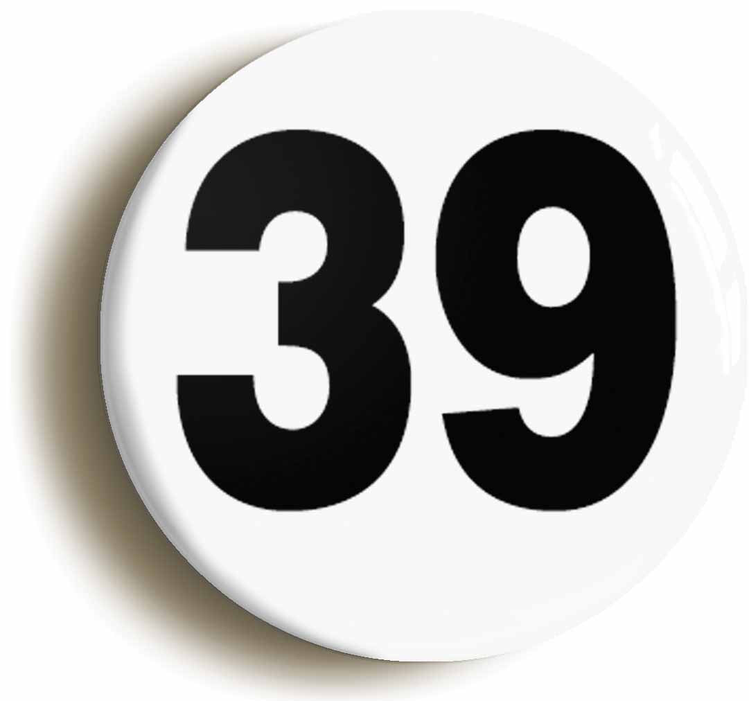 A picture of the front of the product, titled Plain Number 39 Thirty Nine Button Pin Badge