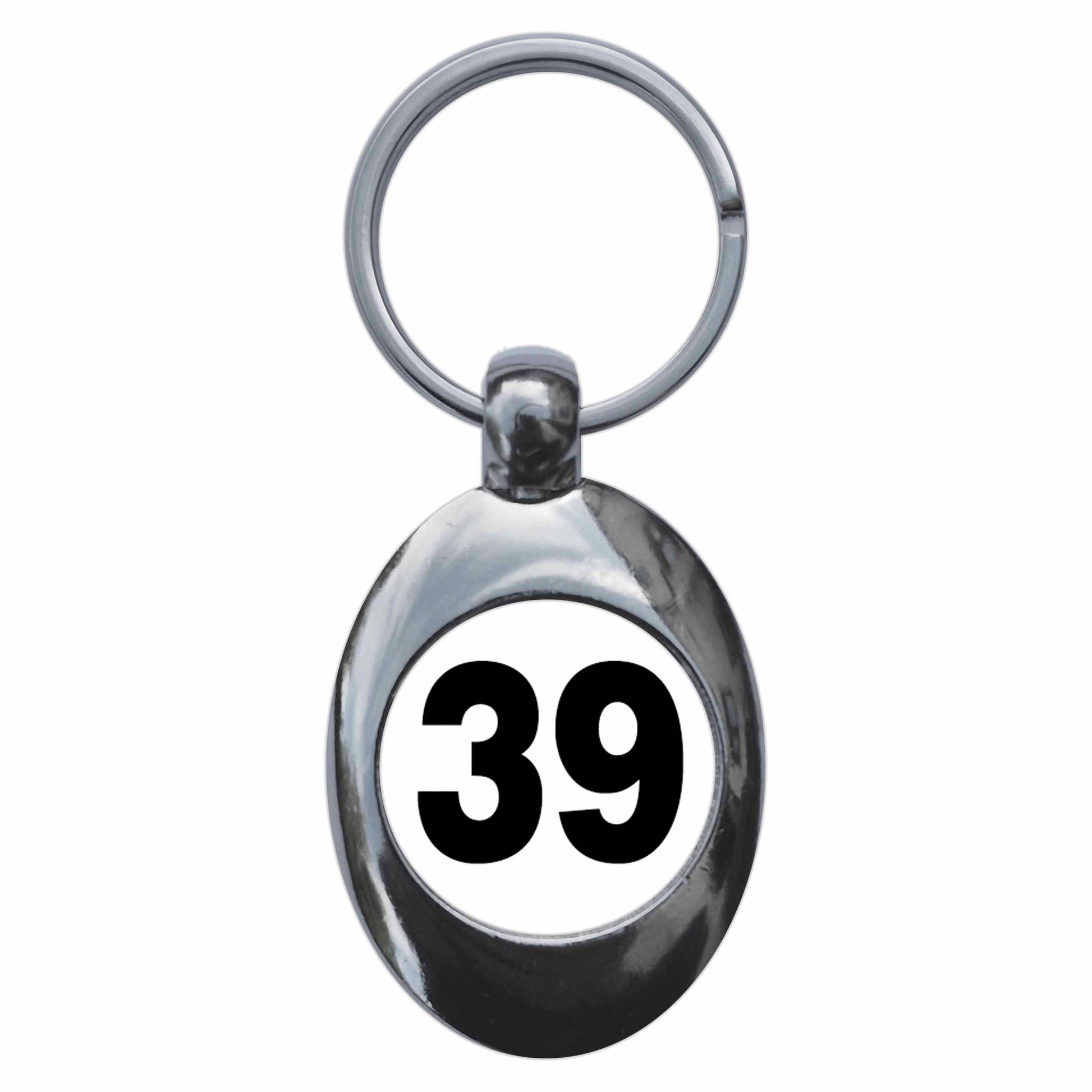 A picture of the front of the product, titled Plain Number 39 Thirty Nine Metal Keyring With Trolley Coin