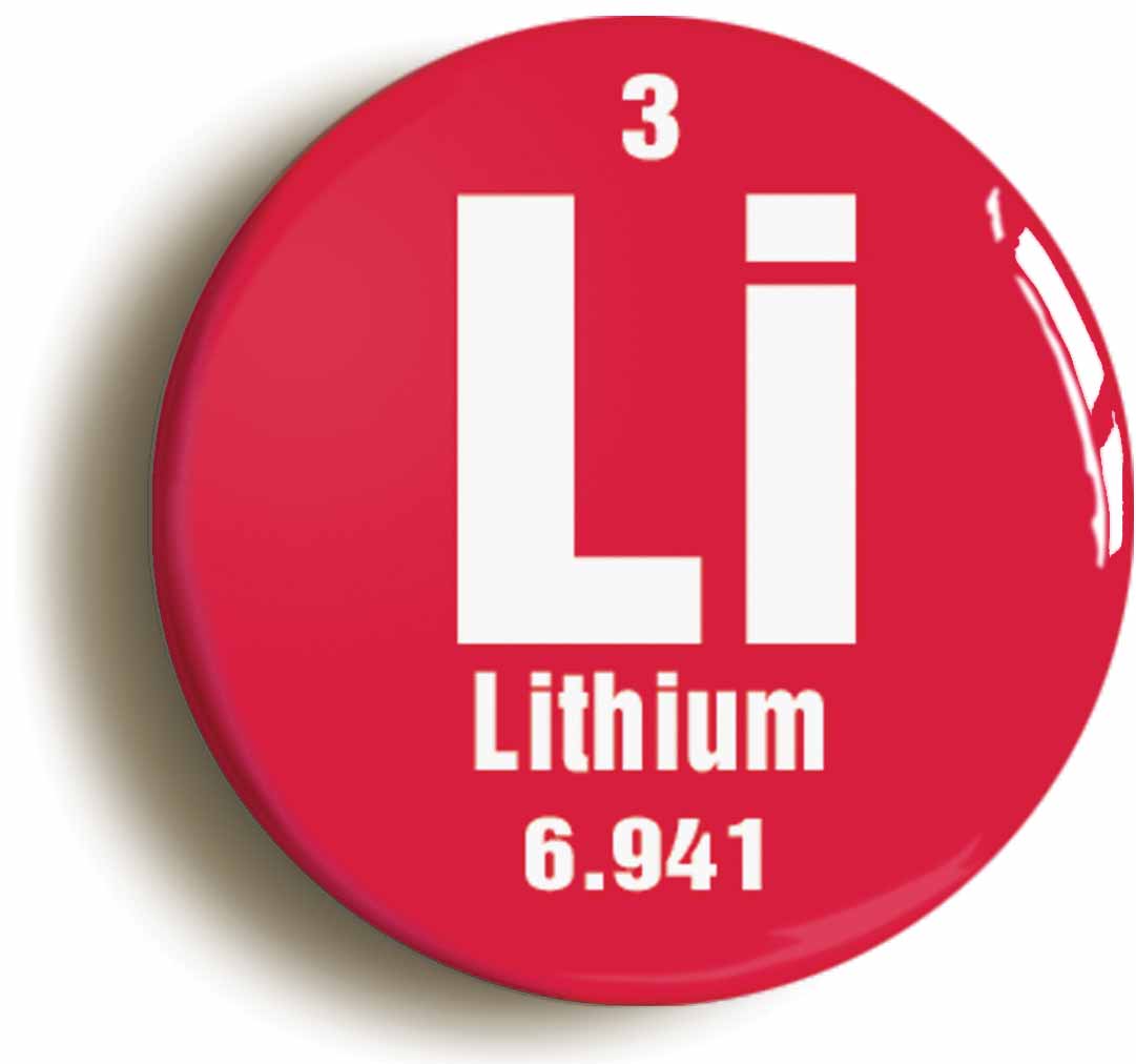 A picture of the front of the product, titled Lithium Element Symbol Button Pin Badge