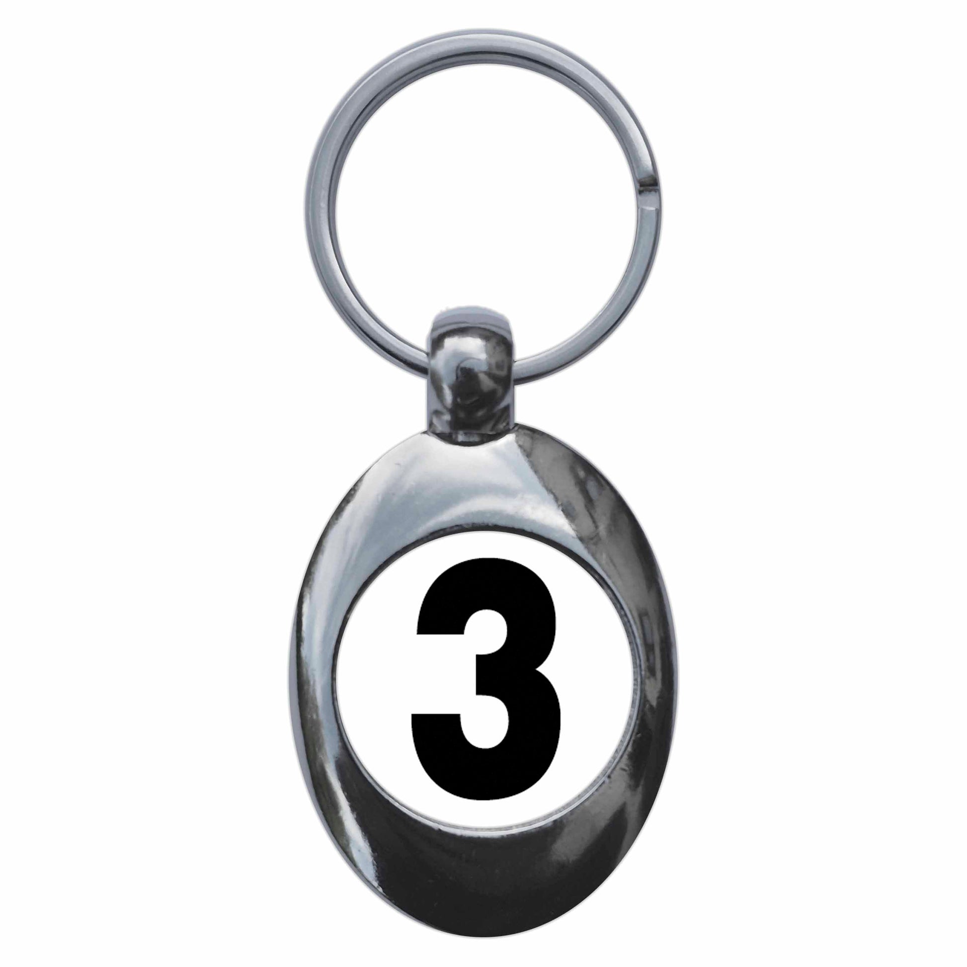 A picture of the front of the product, titled Plain Number 3 Three Metal Keyring With Trolley Coin
