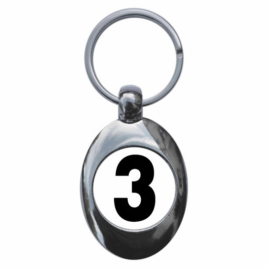 A picture of the front of the product, titled Plain Number 3 Three Metal Keyring With Trolley Coin