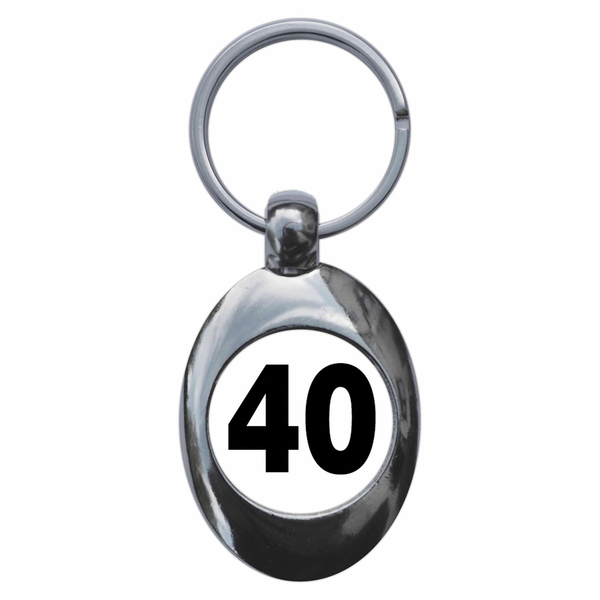 A picture of the front of the product, titled Plain Number 40 Forty Metal Keyring With Trolley Coin