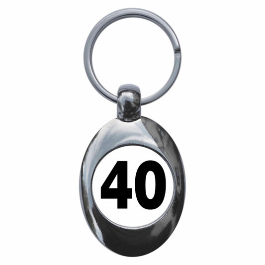 A picture of the front of the product, titled Plain Number 40 Forty Metal Keyring With Trolley Coin
