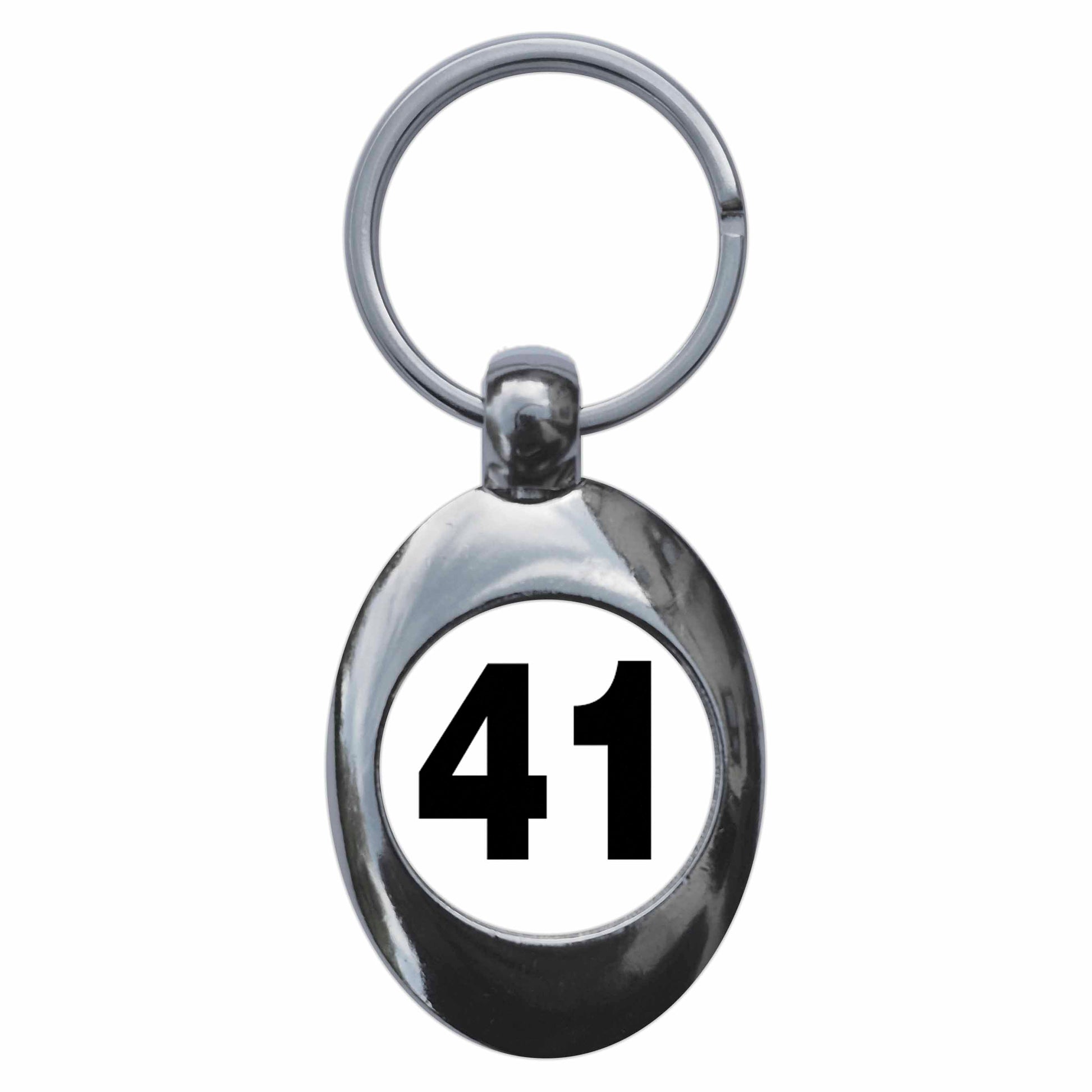 A picture of the front of the product, titled Plain Number 41 Forty One Metal Keyring With Trolley Coin