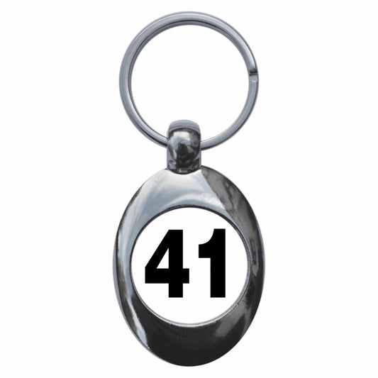 A picture of the front of the product, titled Plain Number 41 Forty One Metal Keyring With Trolley Coin