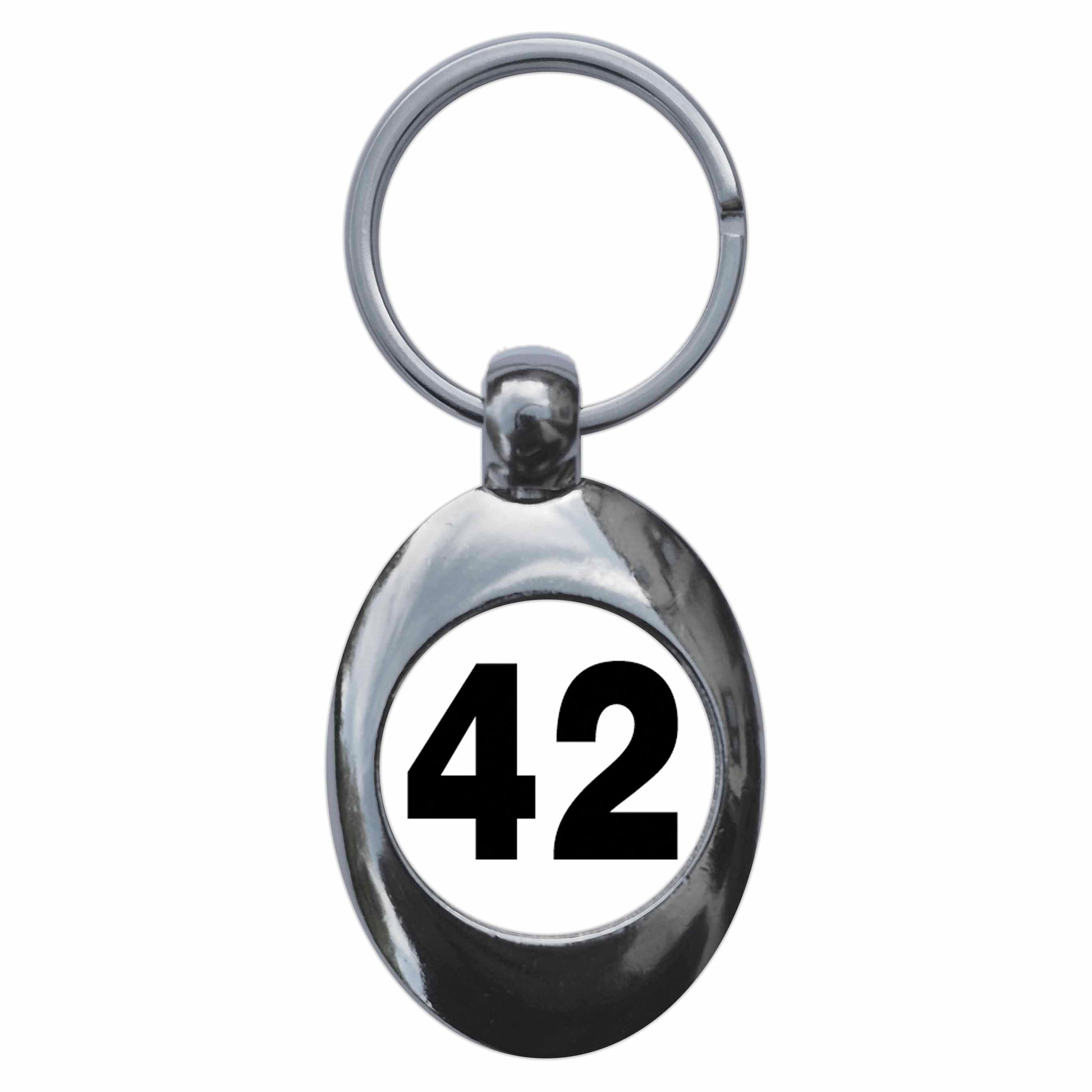 A picture of the front of the product, titled Plain Number 42 Forty Two Metal Keyring With Trolley Coin