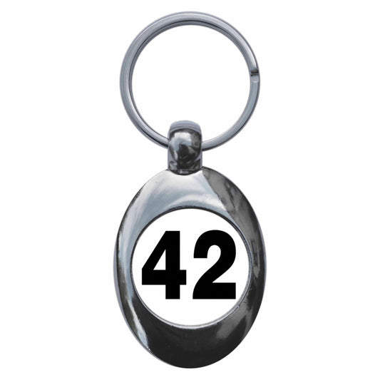 A picture of the front of the product, titled Plain Number 42 Forty Two Metal Keyring With Trolley Coin