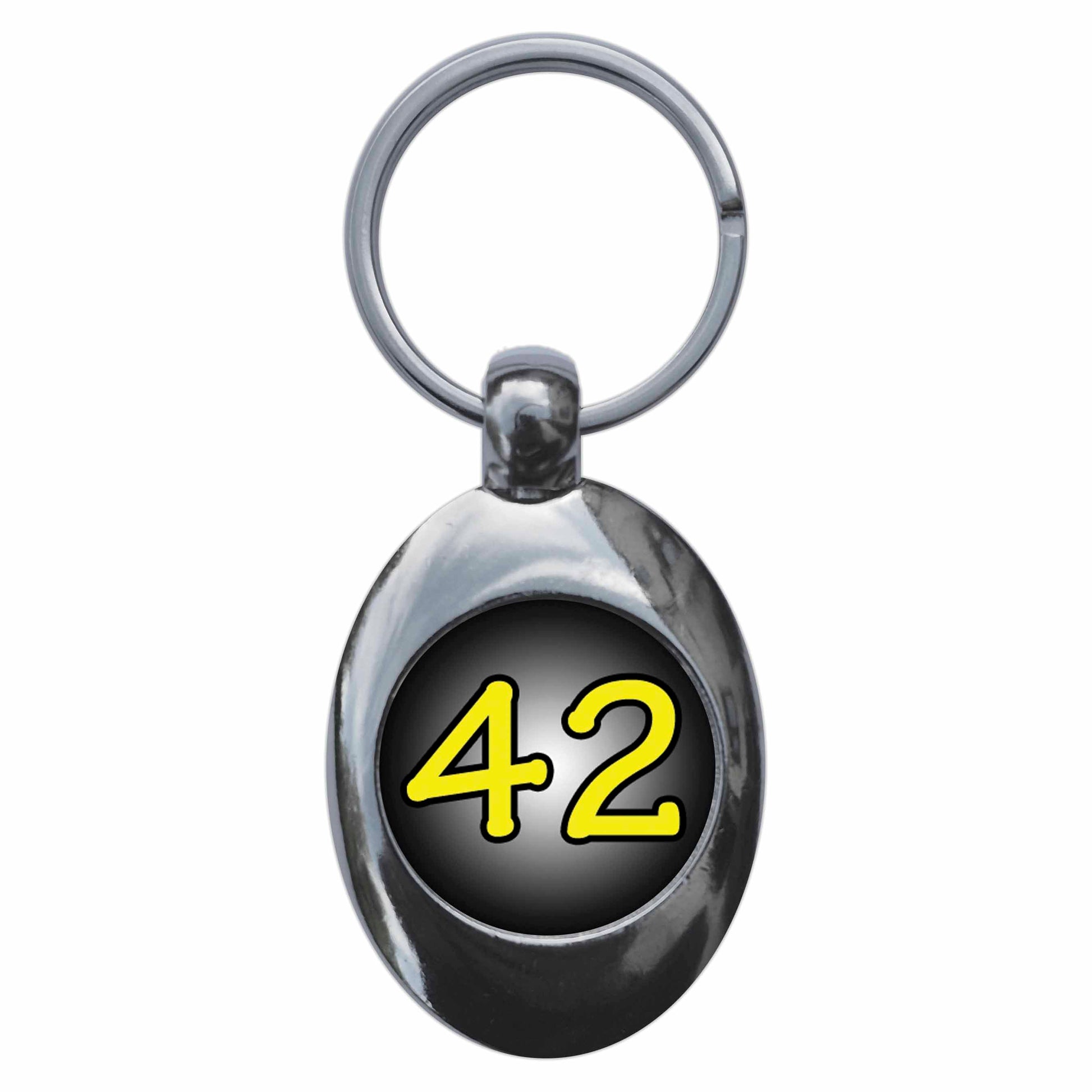 A picture of the front of the product, titled 42 Forty Two Metal Keyring With Trolley Coin