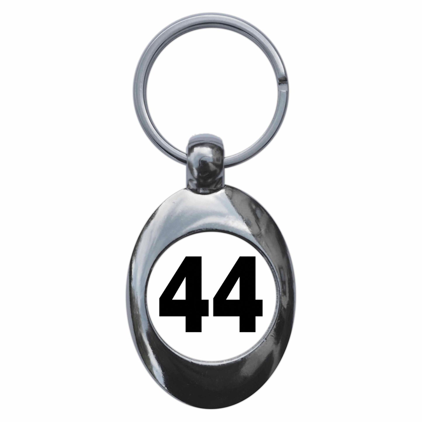 A picture of the front of the product, titled Plain Number 44 Forty Four Metal Keyring With Trolley Coin