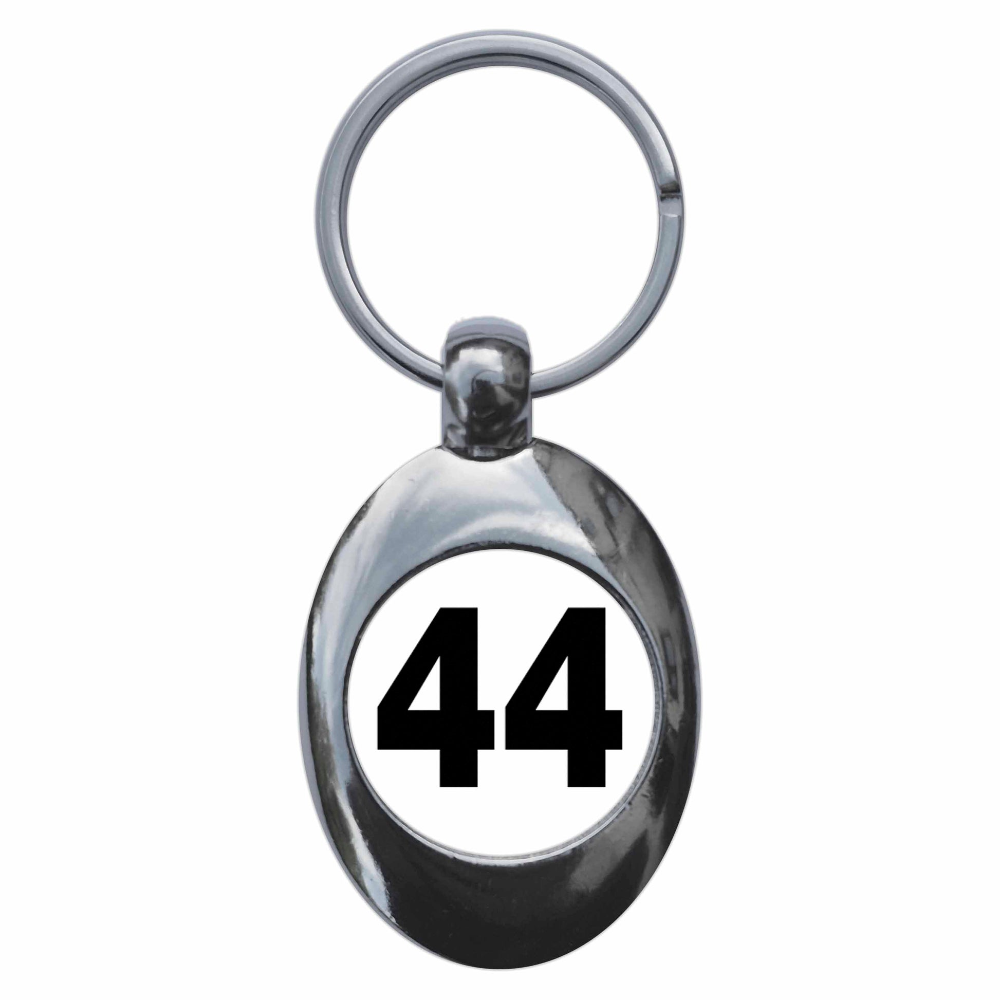 A picture of the front of the product, titled Plain Number 44 Forty Four Metal Keyring With Trolley Coin