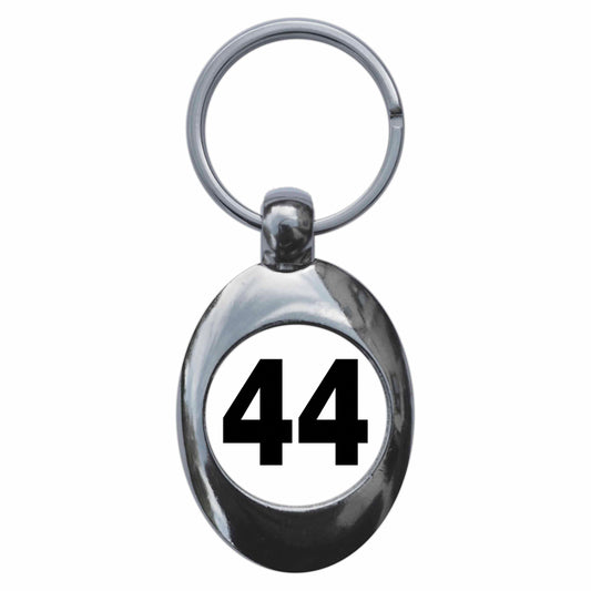 A picture of the front of the product, titled Plain Number 44 Forty Four Metal Keyring With Trolley Coin