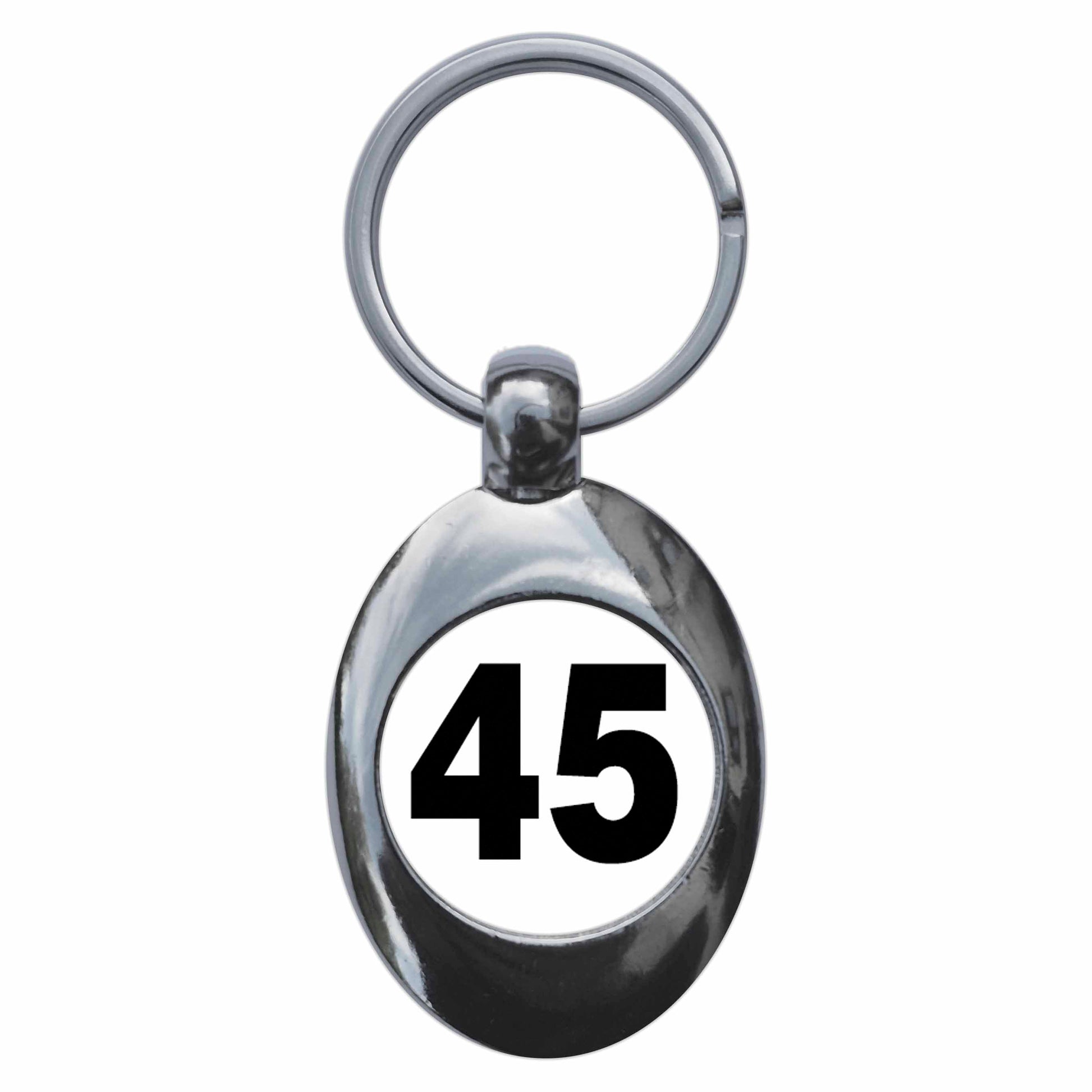 A picture of the front of the product, titled Plain Number 45 Forty Five Metal Keyring With Trolley Coin
