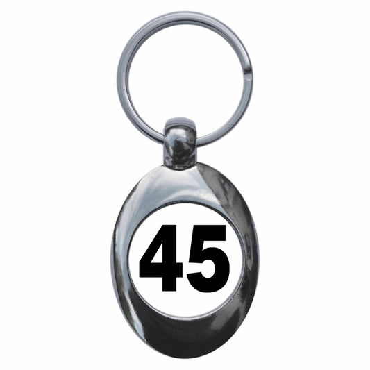 A picture of the front of the product, titled Plain Number 45 Forty Five Metal Keyring With Trolley Coin