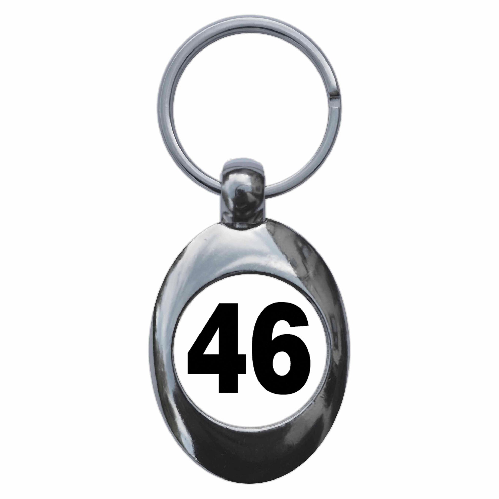 A picture of the front of the product, titled Plain Number 46 Forty Six Metal Keyring With Trolley Coin