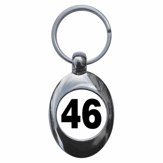 A picture of the front of the product, titled Plain Number 46 Forty Six Metal Keyring With Trolley Coin