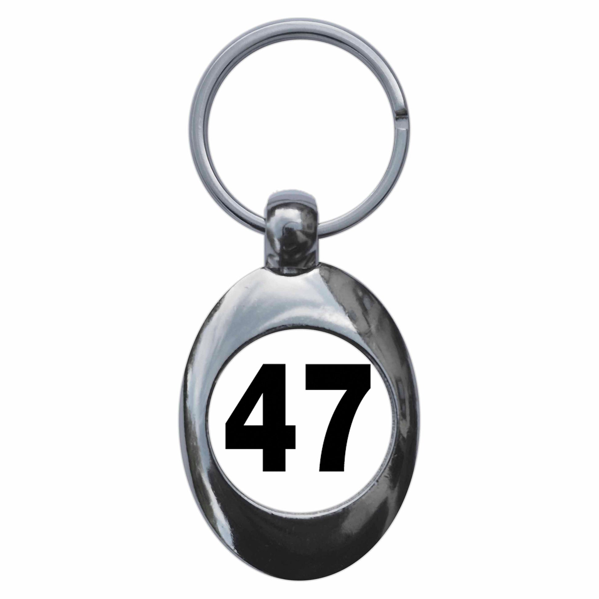 A picture of the front of the product, titled Plain Number 47 Forty Seven Metal Keyring With Trolley Coin